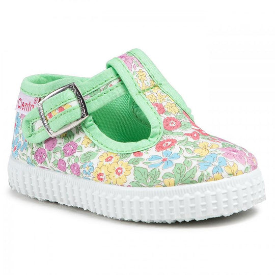 Cienta T Bar Verde Liberty Floral 薄荷綠碎花T字帆布鞋"啪鈕"(EU25)