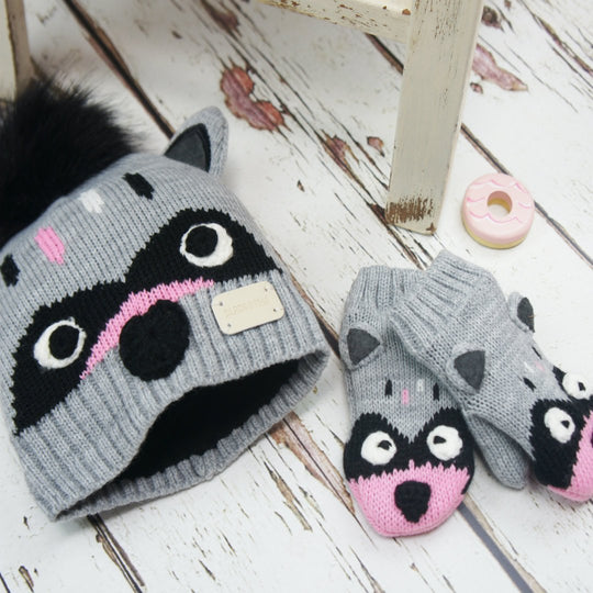 Blade and Rose Raccoon Hat and Mitten Set 灰油鼠嬰兒冷帽+手襪套裝