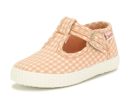 Cienta T Bar Checkered Maquillaje 淡粉紅格仔T字帆布鞋 (EU22-28)